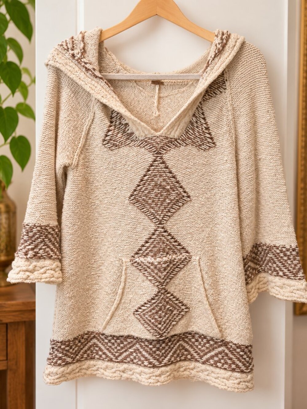 Boho Cream & Brown Chunky Knit Hooded Sweater